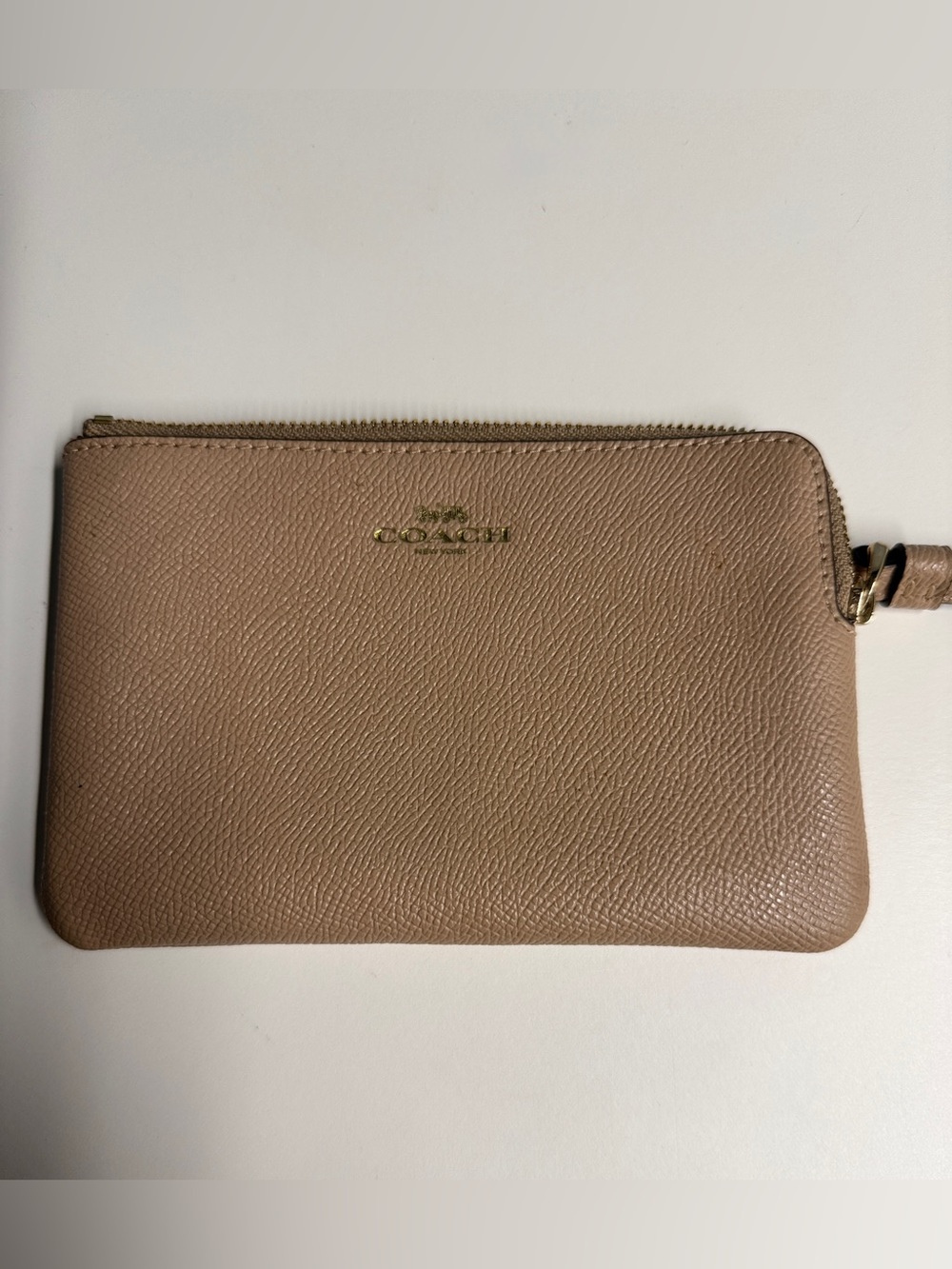 Coach Leather Zip Wristlet - Taupe Beige with Gold Logo